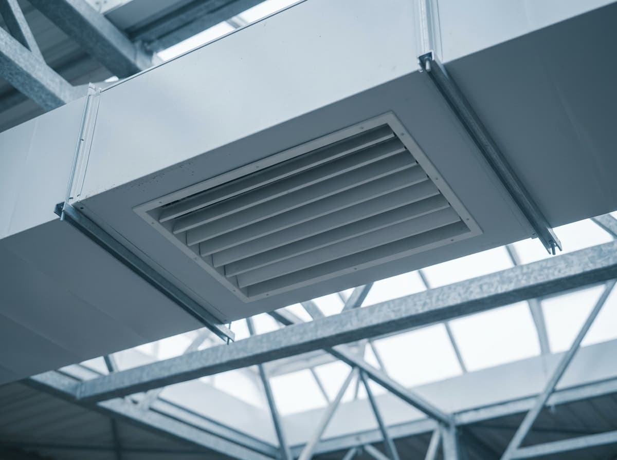 Grille de diffusion d'un système de déstratification d'air intégré à un réseau de gainage, vue depuis le sol