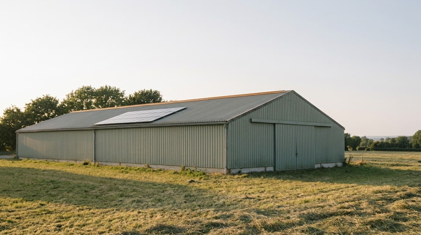 Hangar agricole en tôle dont une partie de la toiture reçoit des panneaux solaires, en fin de journée