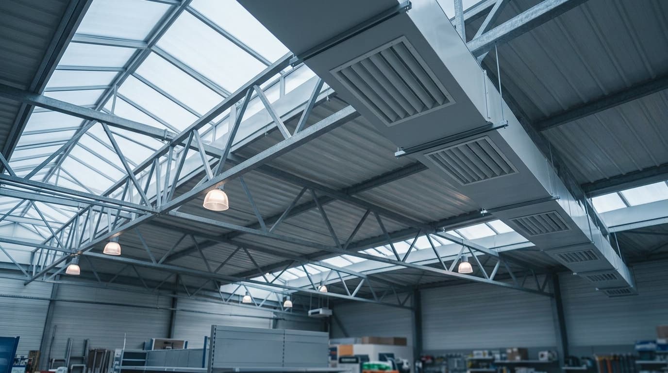 Déstratificateurs d'air suspendus sous la charpente d'une grande surface commerciale