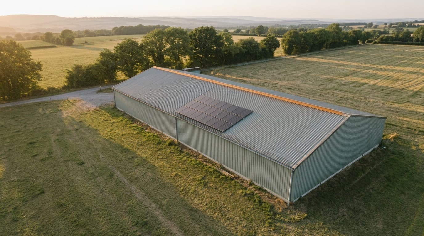 Hangar agricole français dont une partie de la toiture reçoit des panneaux solaires hybrides, en fin de journée