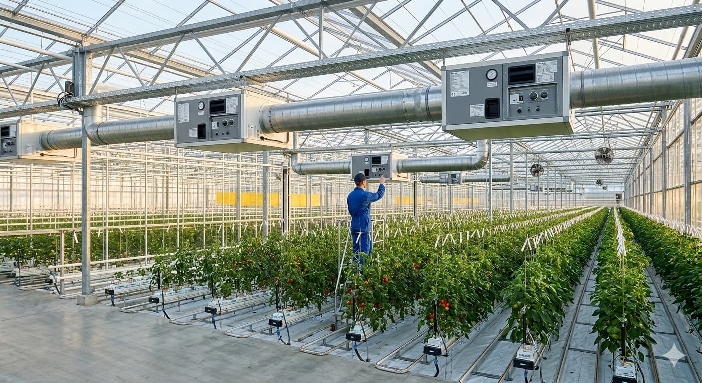 Technicien réglant un déshumidificateur thermodynamique dans une serre agricole
