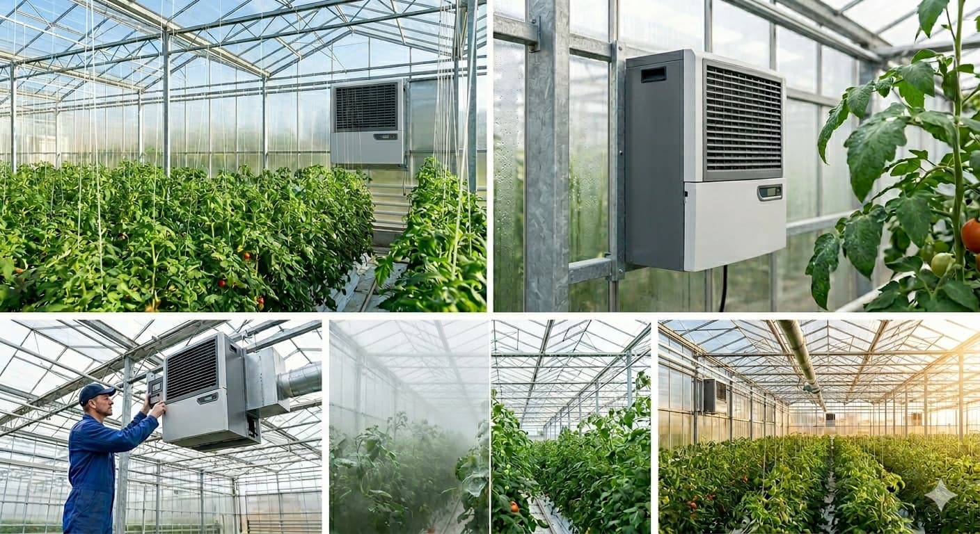 Déshumidificateur thermodynamique fixé en hauteur dans une serre de tomates