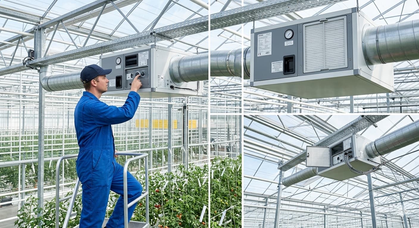 Technicien réglant les commandes d'un déshumidificateur de serre agricole