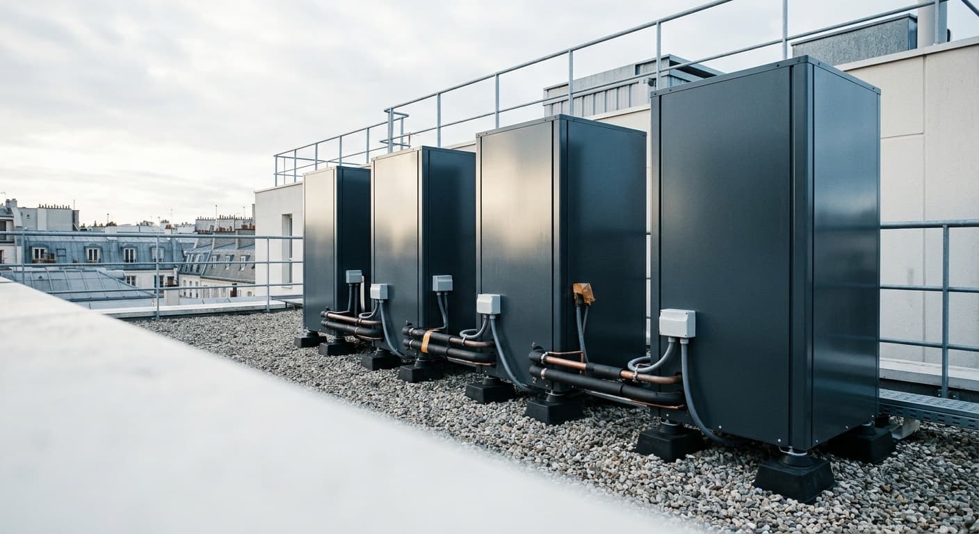 Unités extérieures de pompe à chaleur air/eau installées sur le toit-terrasse d'un immeuble de bureaux