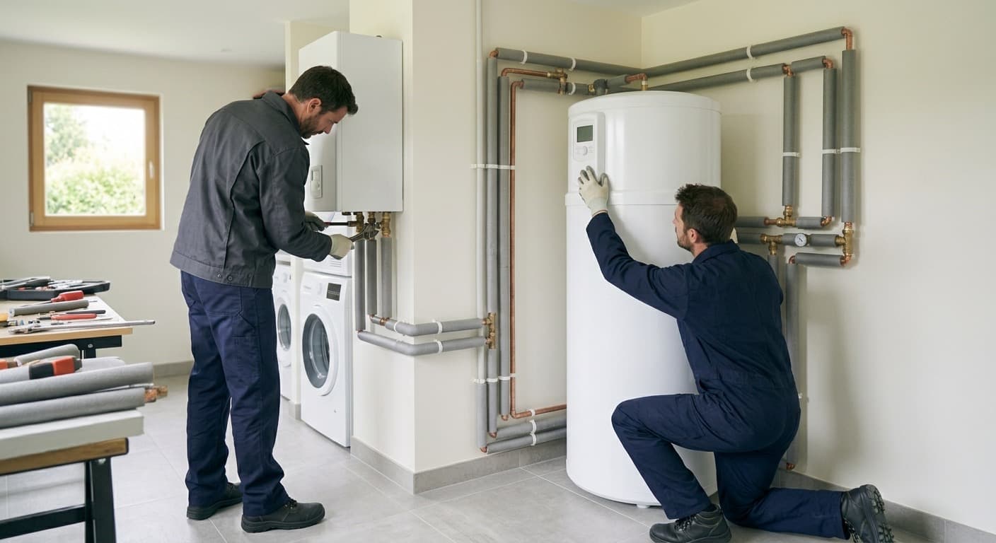 Deux techniciens installant une pompe à chaleur