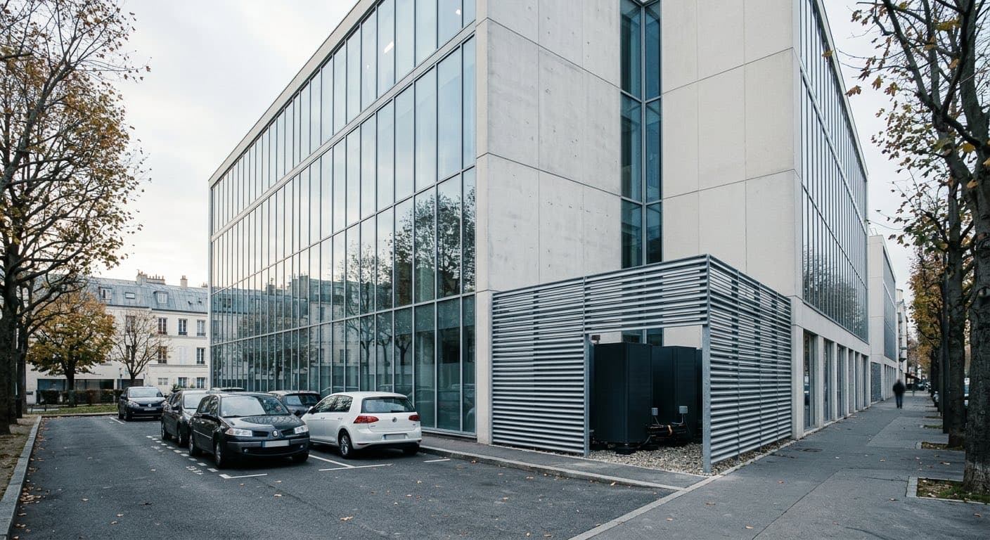 Bâtiment de bureaux contemporain équipé de pompes à chaleur air/eau en façade technique
