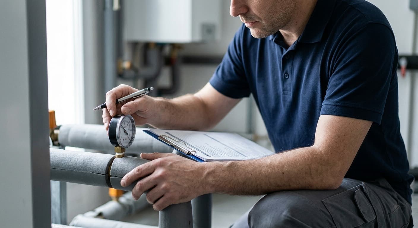 Technicien relevant la pression sur un manomètre lors de la mise en service d'une pompe à chaleur